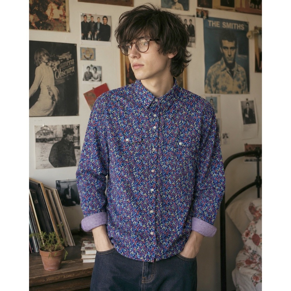 VTG Old Navy Mens XL Blue Floral Pearl Snap Shirt Gingham Trim 2010s Indie Twee